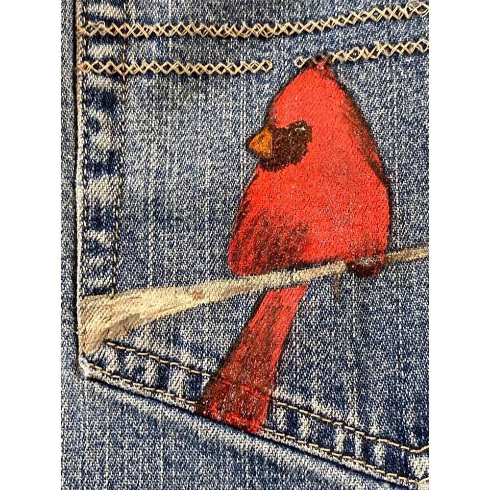 Hand Painted Cardinal  J Jill Blue Denim Jean Stretch Pant OOAK Back Left Pocket